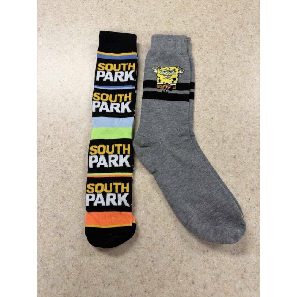 South Park SpongeBob Crew Socks 2 Pair Cartoon Novelty Men's Colorful Size 6-12